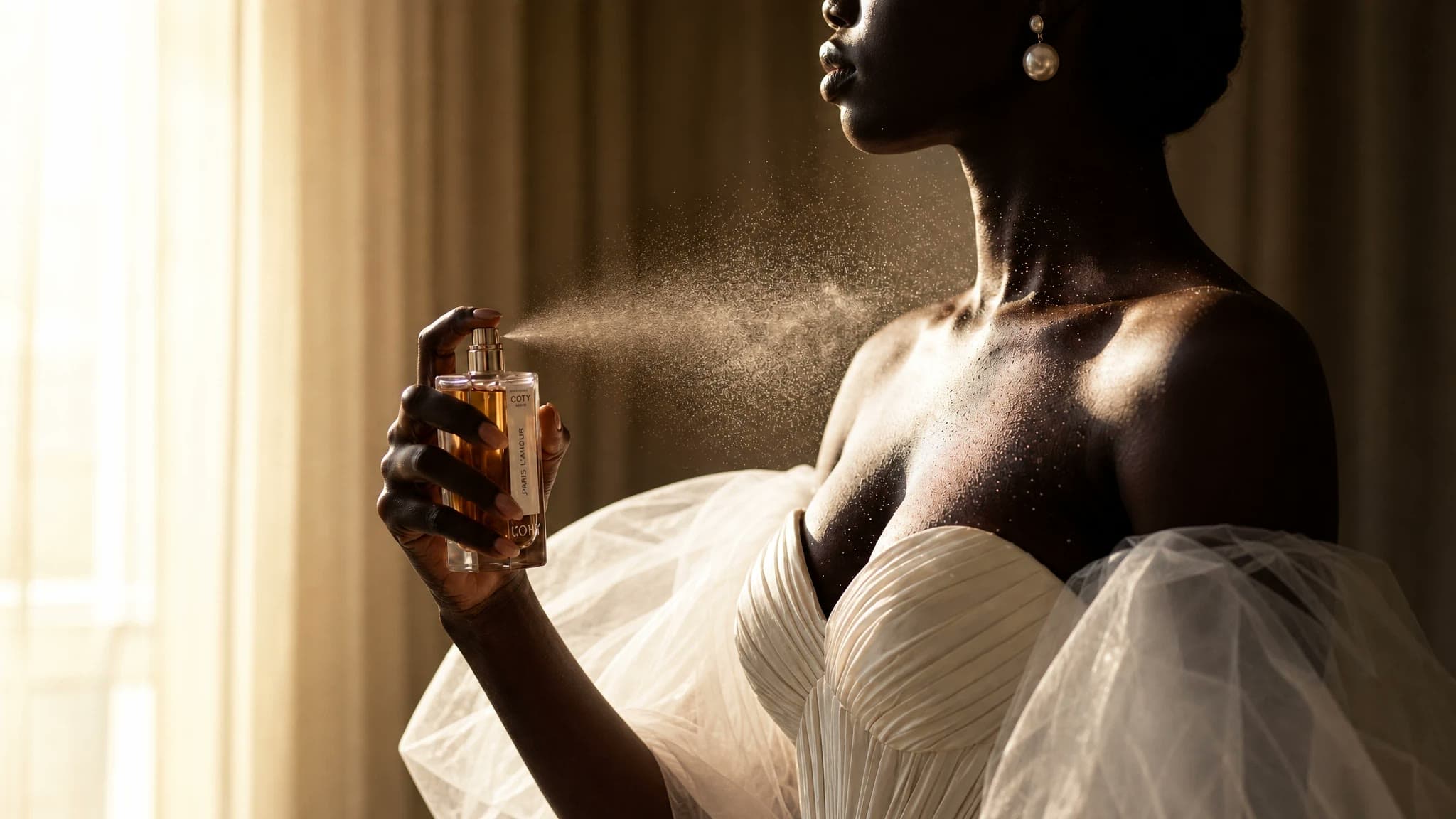 Paris l'amour — COTY fragrance, spray caught in golden light